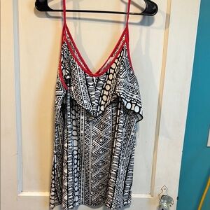 Haptics 1x Geometric Black and White Women's Top with Red Accents